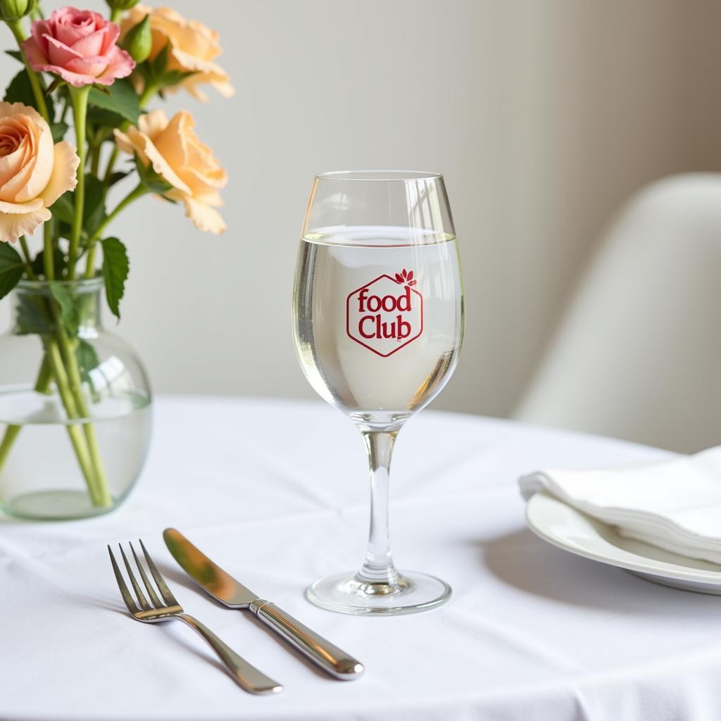 A glass of Food Club water on a finely set dining table