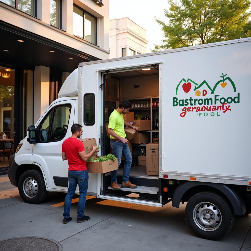 Refrigerated truck delivering food from a broadline distributor