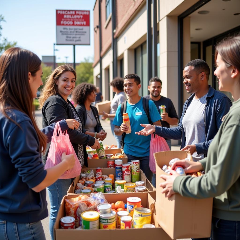 Community members donating food at a food drive.