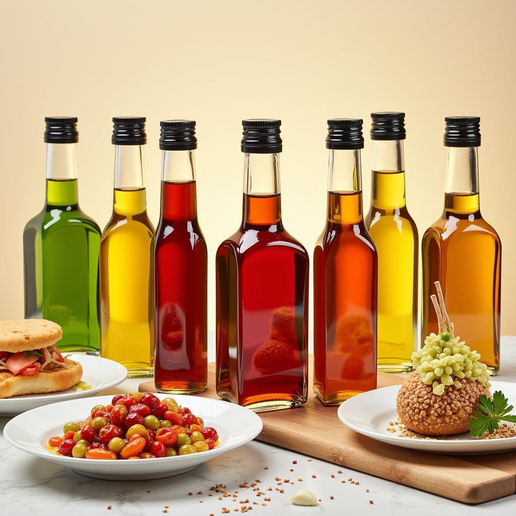 A variety of food flavoring oils showcased in different bottles and dishes.