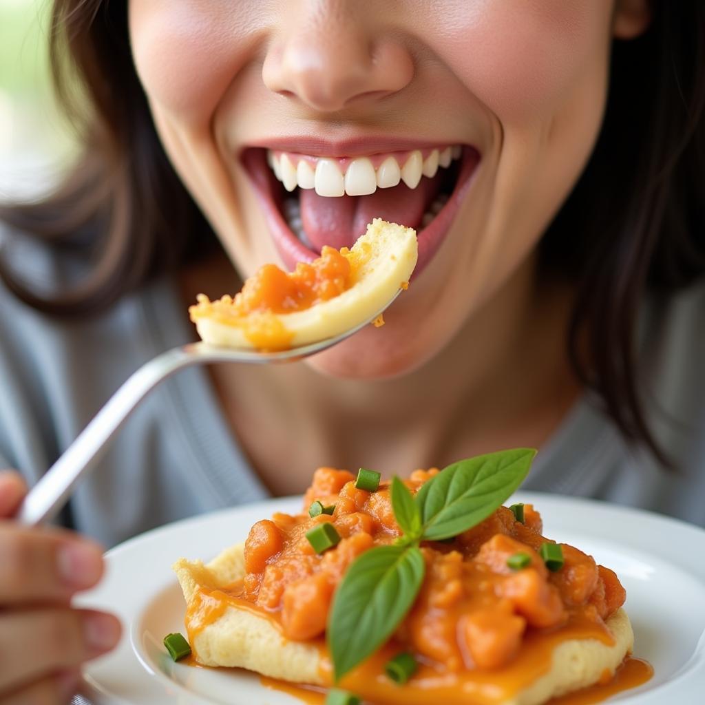 A woman smiling while eating a soft food suitable for sensitive teeth.