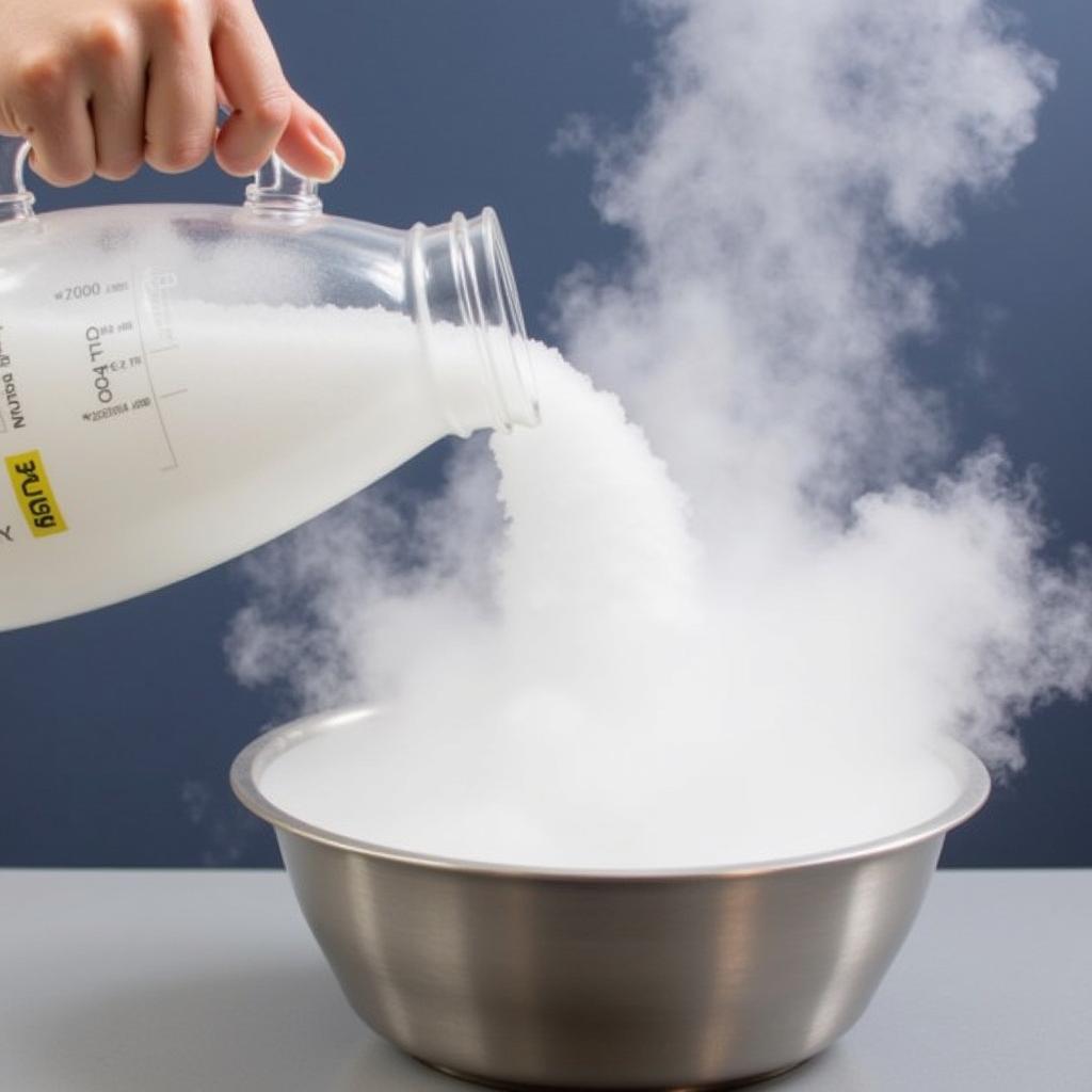 Pouring food grade liquid nitrogen into a metal bowl for culinary applications.