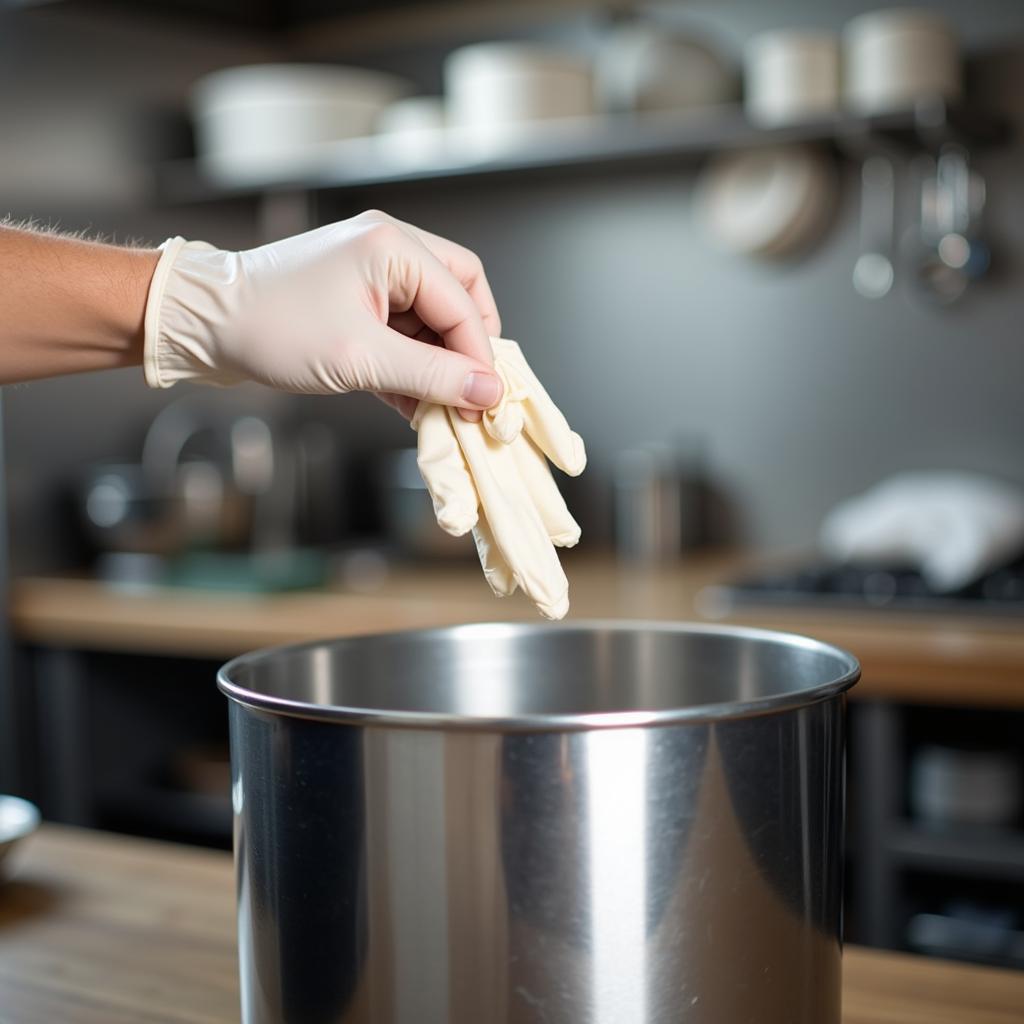 Proper disposal of a used food handler glove in a trash bin