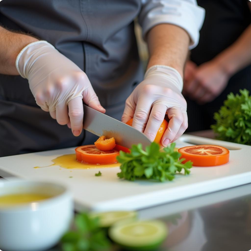 Food handler wearing gloves while preparing a meal