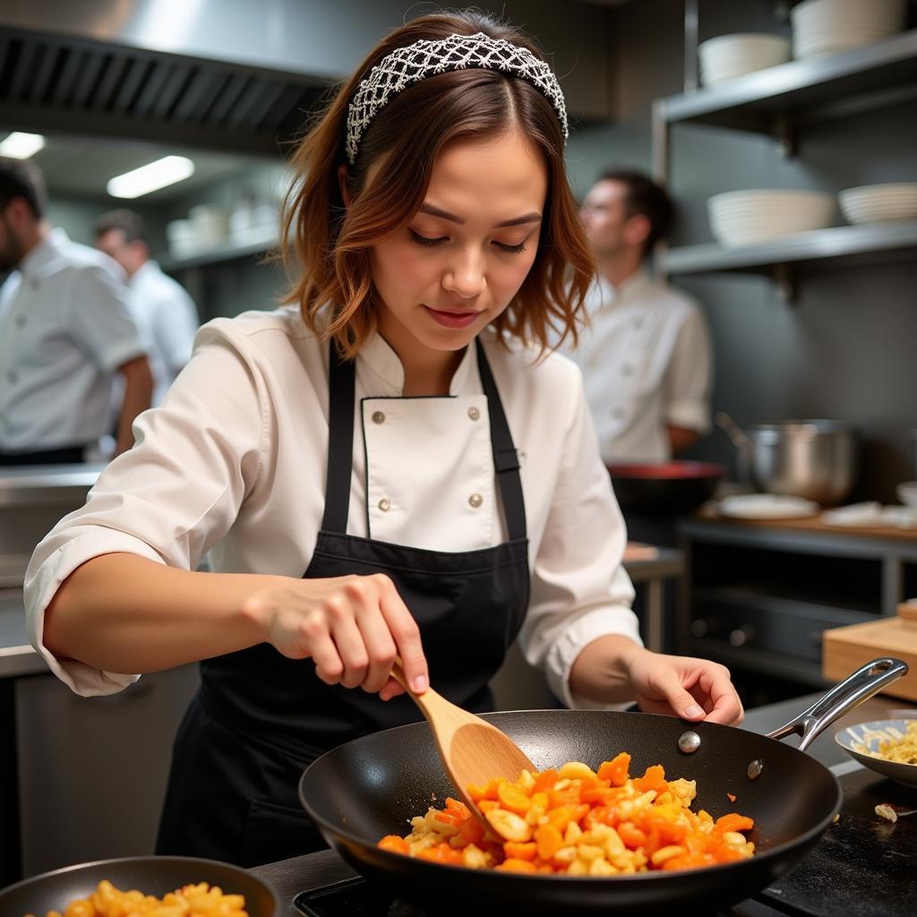 Chef wearing a food headband while cooking