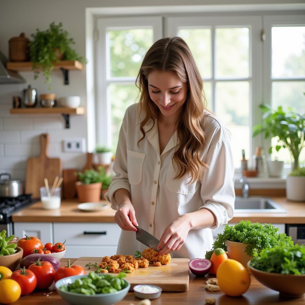 A food hoe experimenting with new ingredients and techniques in their home kitchen, surrounded by colorful produce and cooking utensils.