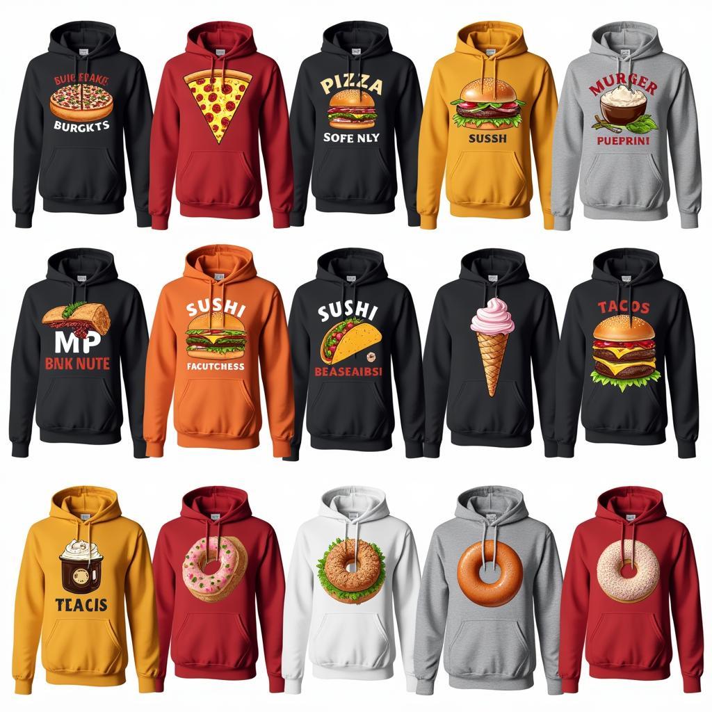 A variety of food-themed hoodies showcasing different cuisines and food items.