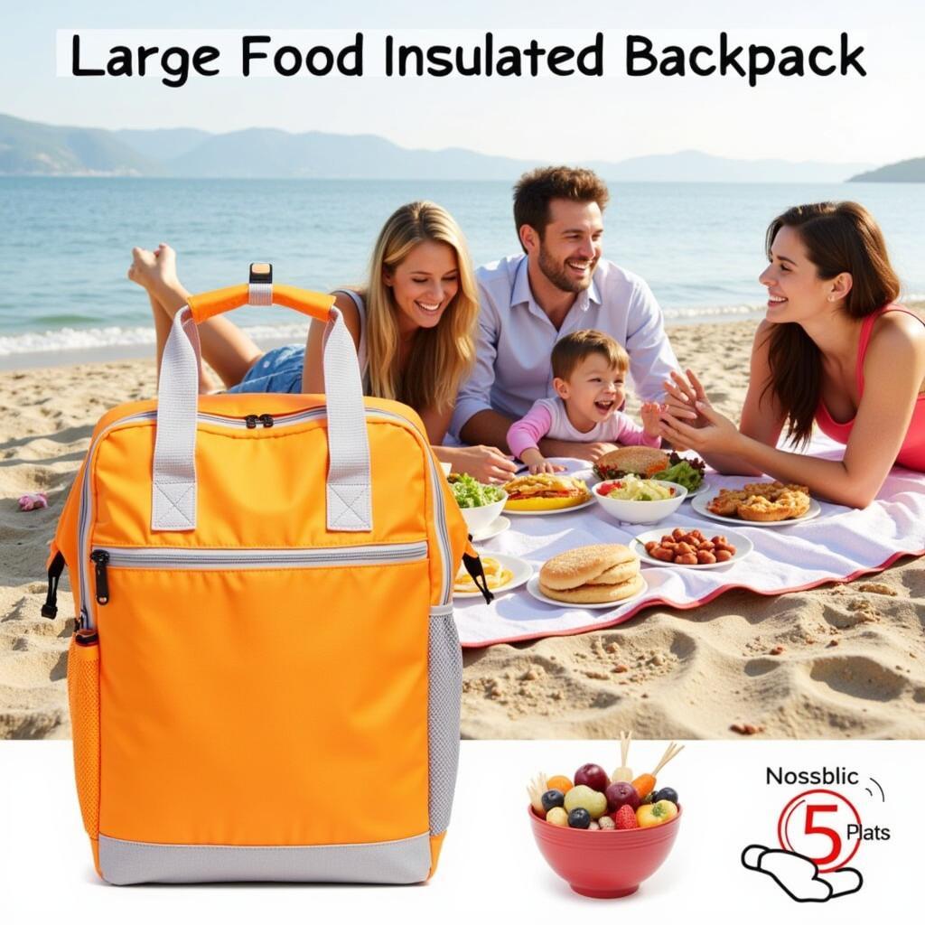 A family enjoying a beach picnic with their food insulated backpack.