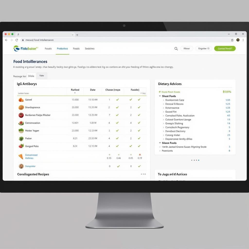 Online food intolerance test results displayed on a computer screen with personalized dietary recommendations.