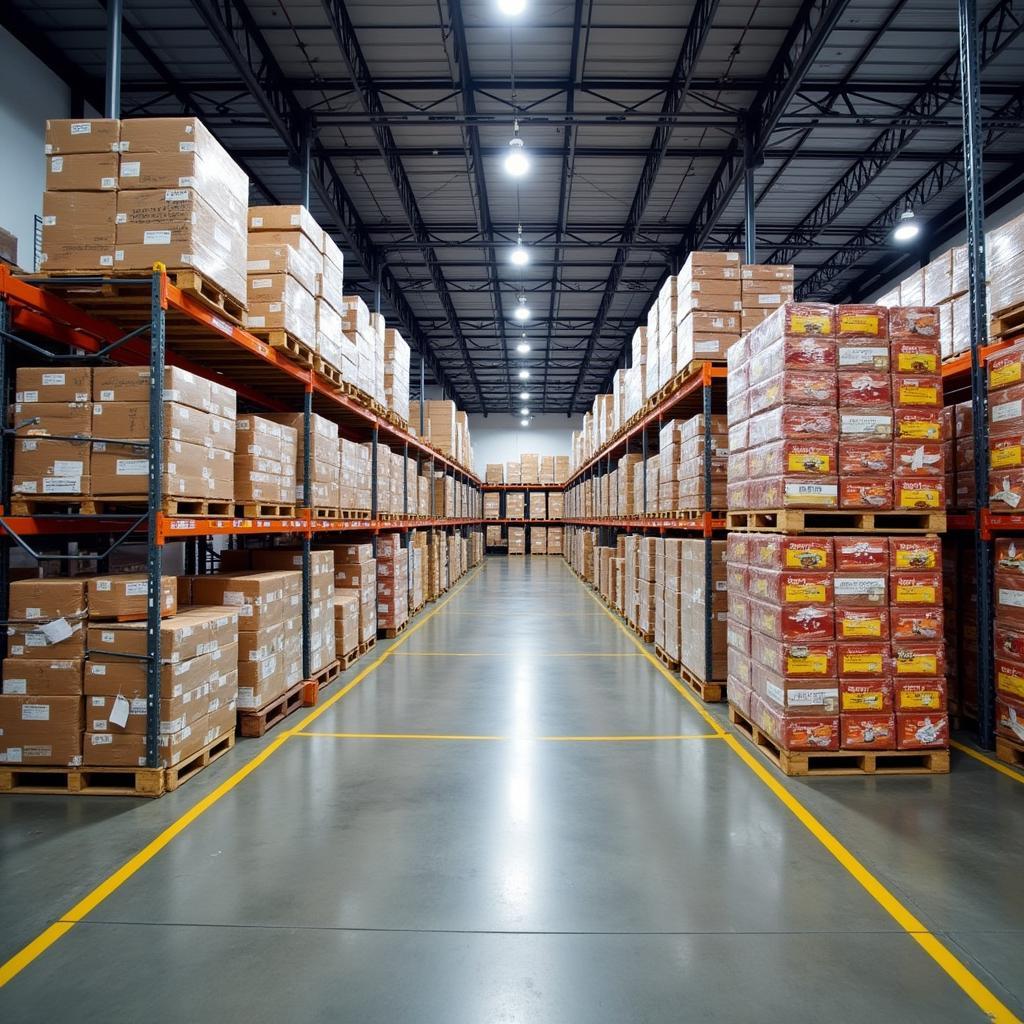 Food pallets stacked high in a warehouse