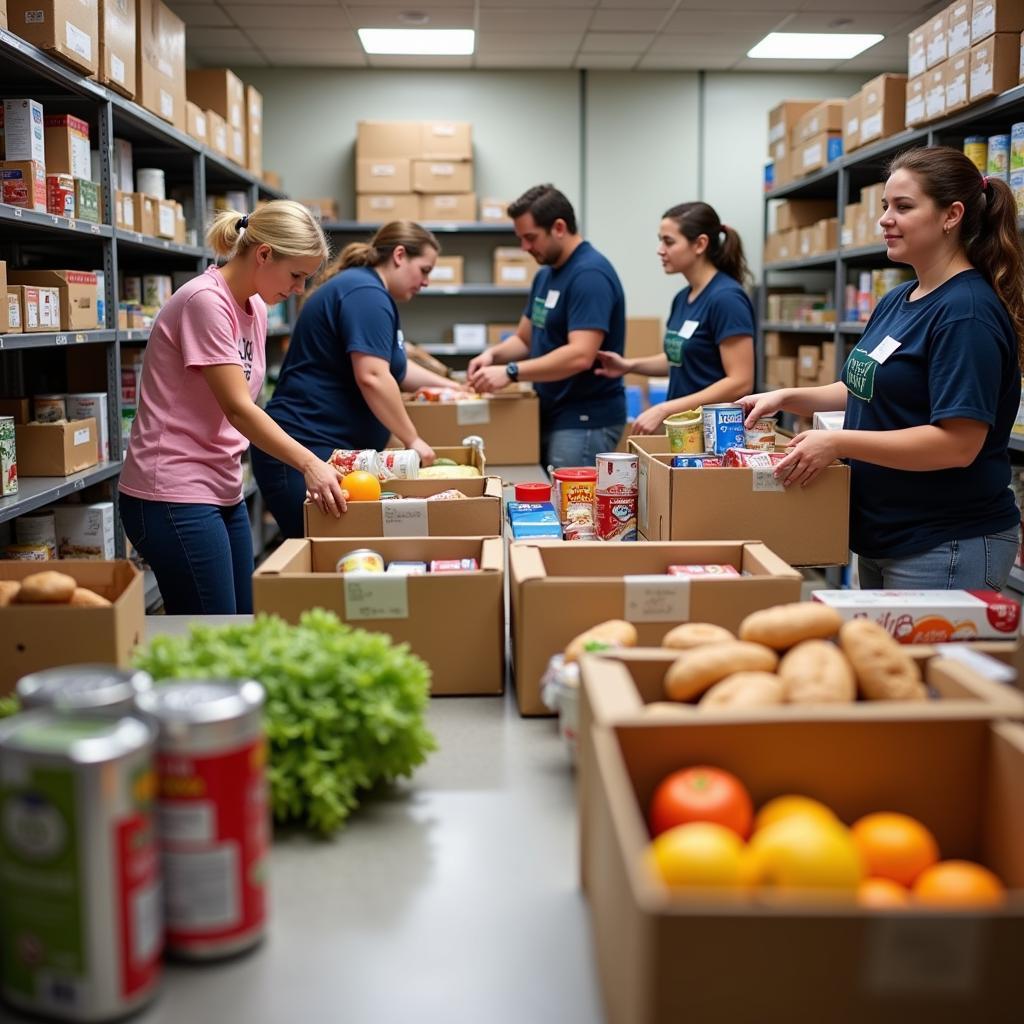 Volunteers at a food pantry in Poplar Bluff, MO, sorting and packing groceries for distribution to families in need.