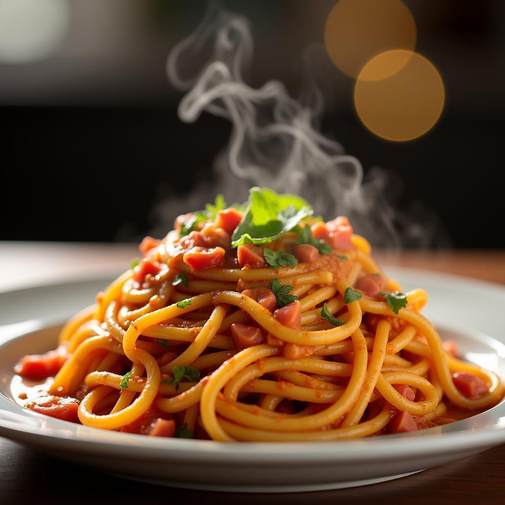 Close-up of a camera lens focused on a delicious dish