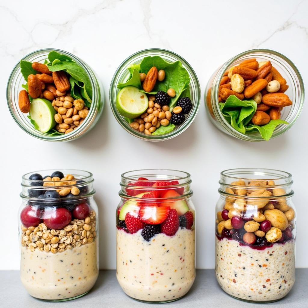 Colorful salads and overnight oats in food prep jars