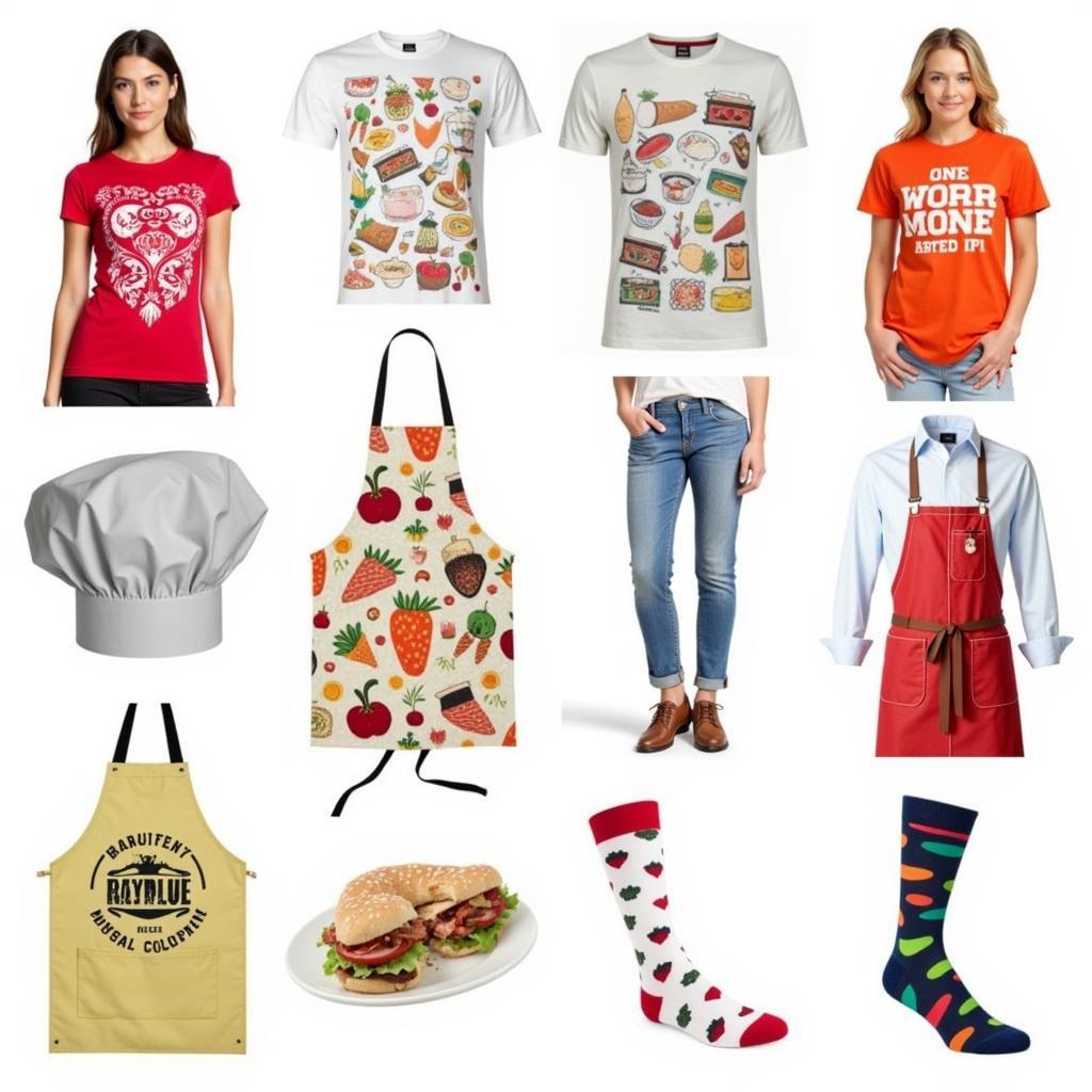 A diverse range of food-themed clothing, including t-shirts, aprons, hats, and socks.