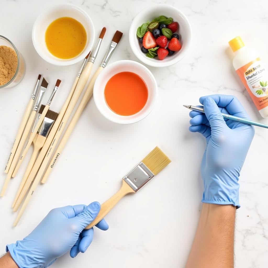 Food-safe brushes and ingredients for creating edible paints, emphasizing hygiene and safety.