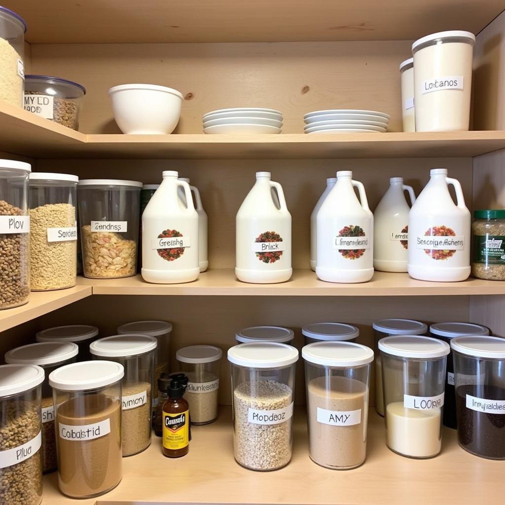 Various dry goods like rice, beans, and flour stored in clearly labeled 3-gallon containers in a pantry.