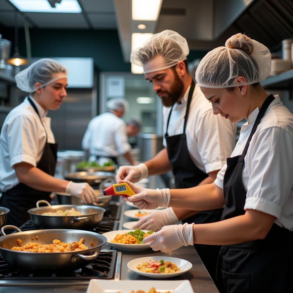 Chefs practicing proper food safety in a commercial kitchen