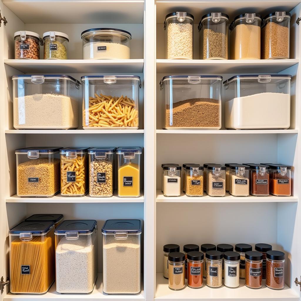 A well-organized pantry with labeled shelves and containers for different food staples.