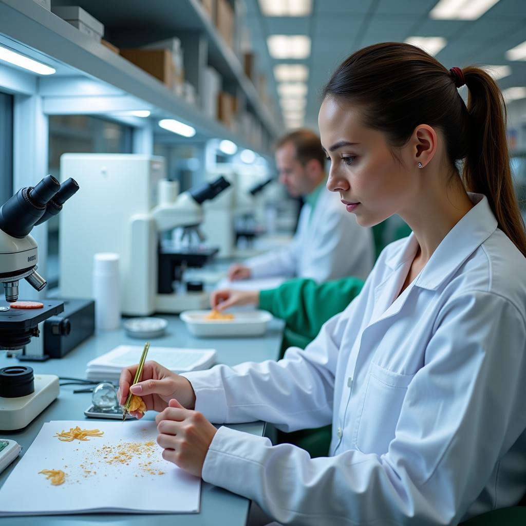 Food Scientist Analyzing Ingredients: A food scientist conducting tests and analyzing ingredients in a laboratory setting.