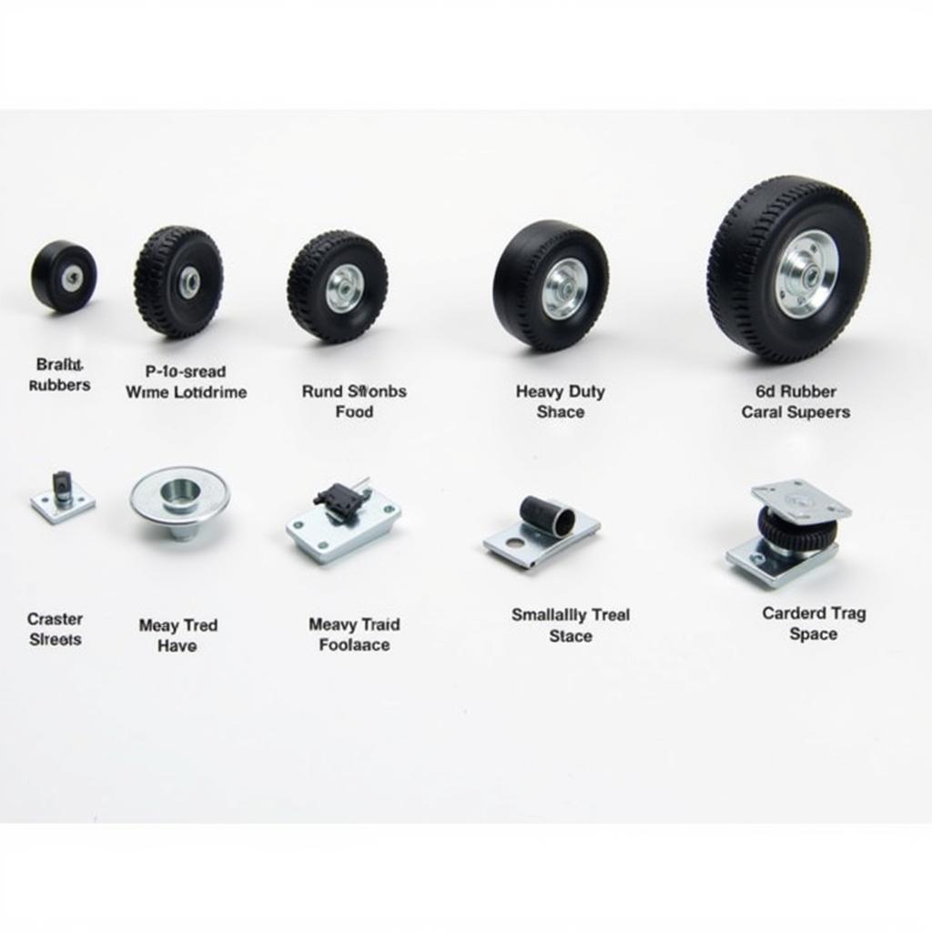 Various types of food service cart wheels designed for different terrains and weight capacities.