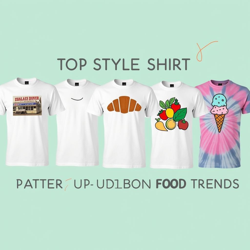 Different styles of food shirts, showcasing trends like vintage logos, minimalist designs, and bold graphic prints.