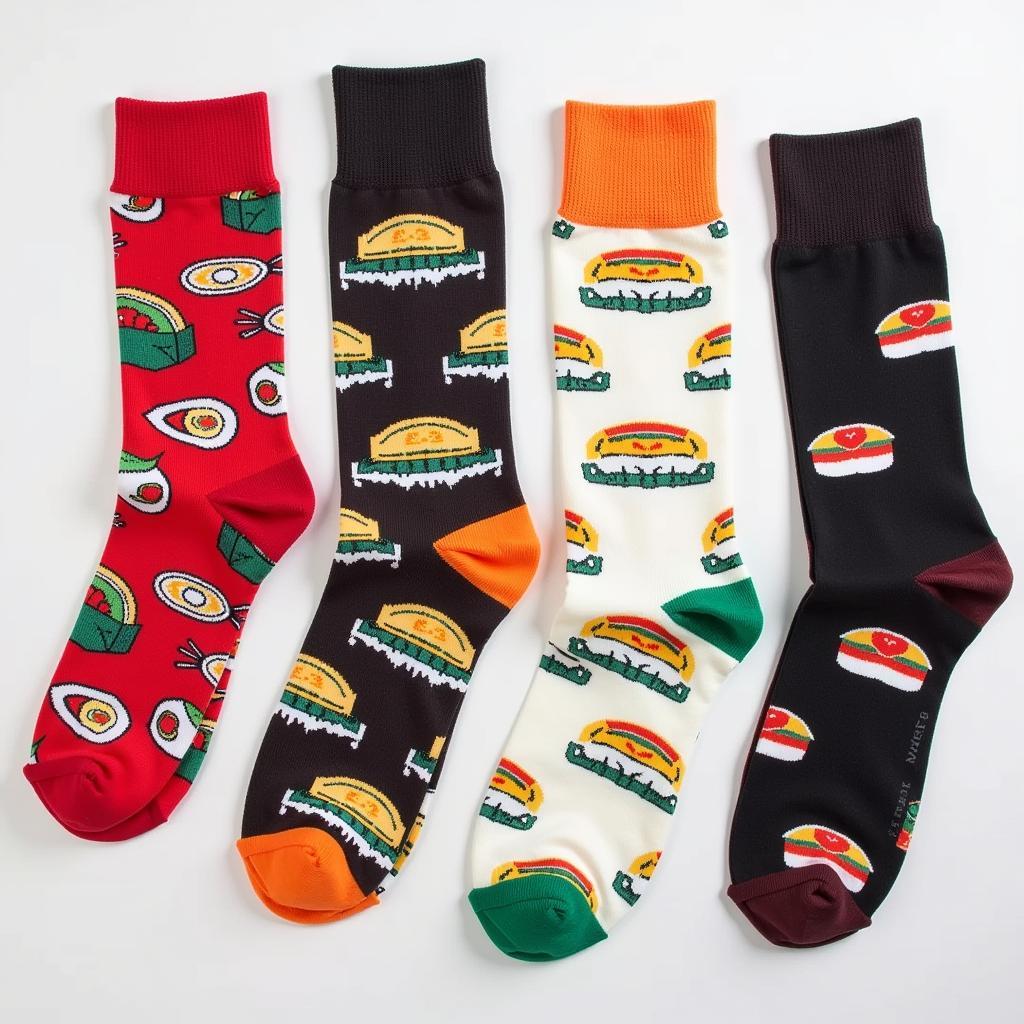 Colorful food socks for men with sushi and taco designs