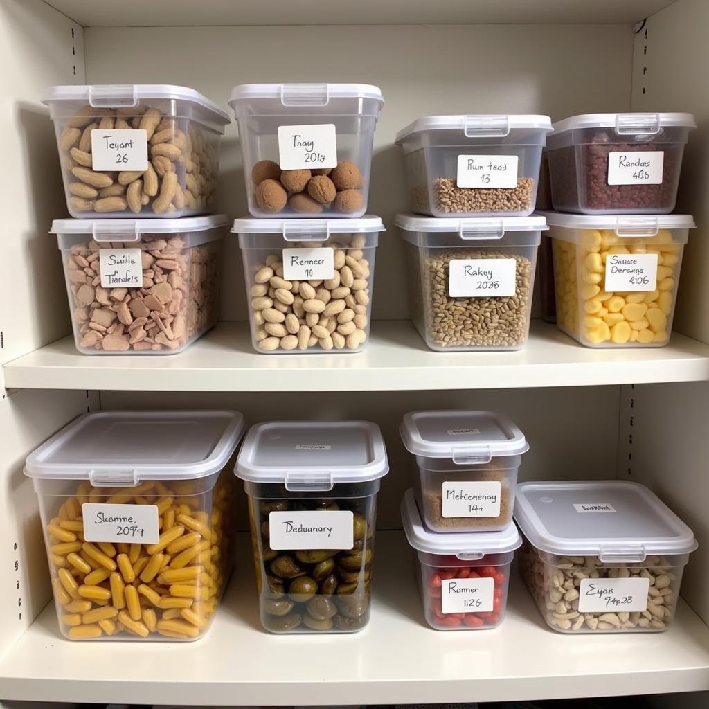 Various airtight food storage containers neatly organized on shelves.