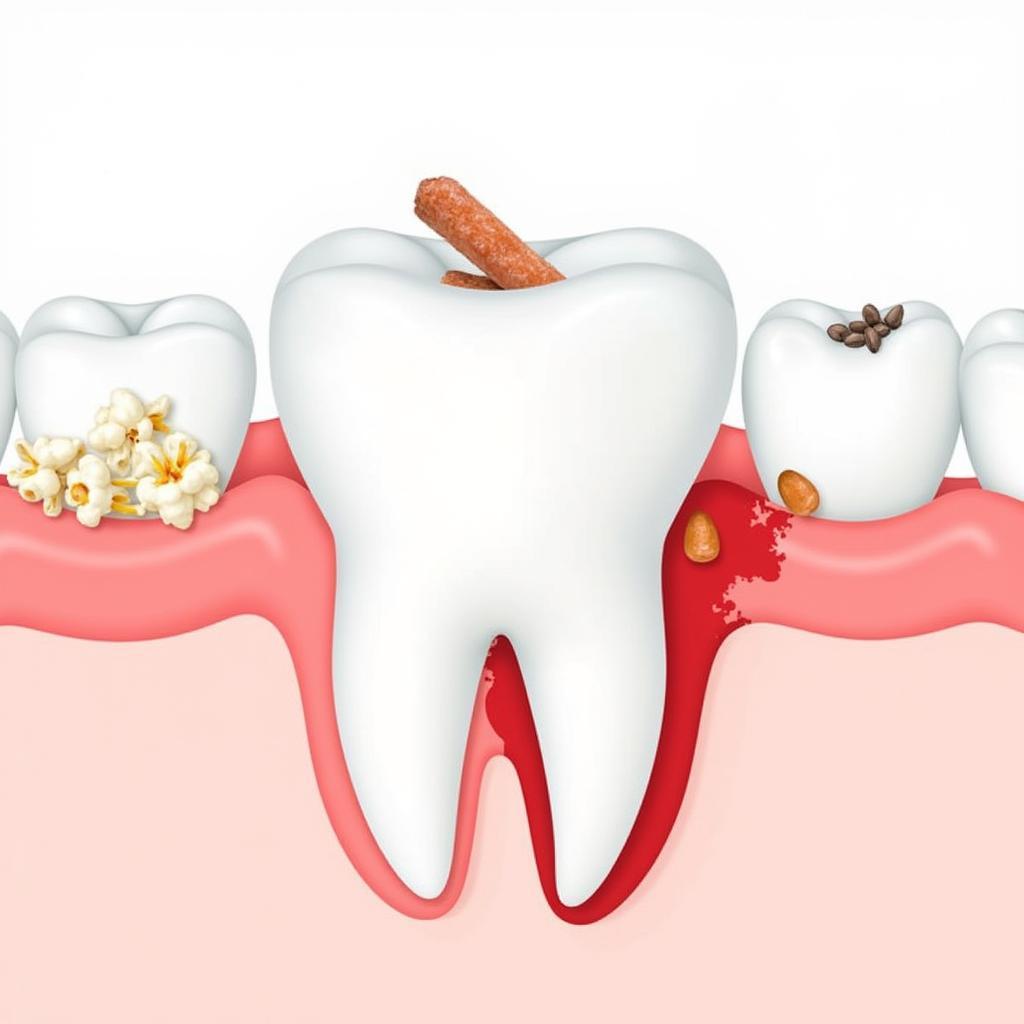 Illustration of food stuck between teeth causing gum pain