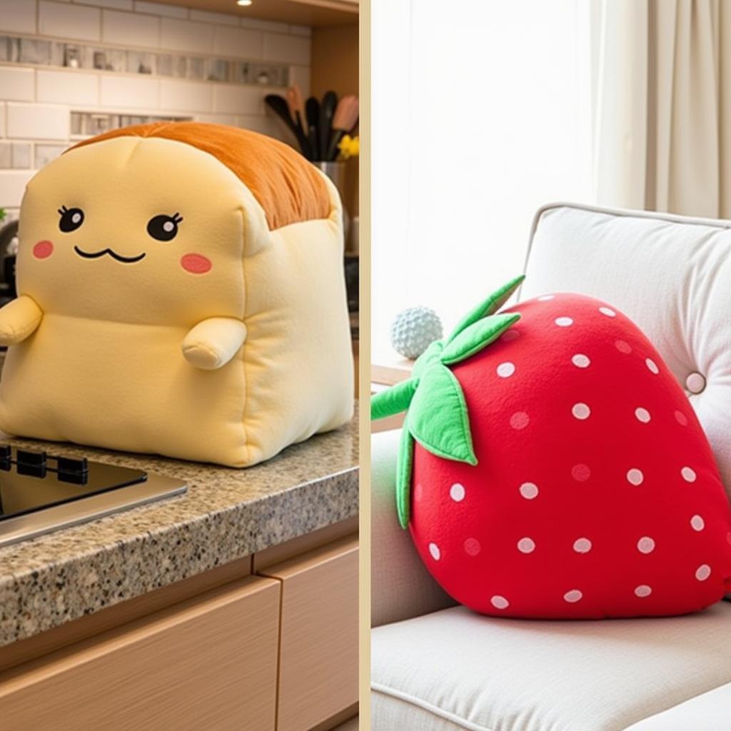 Food stuffies used as decorative elements in a home setting, including a plush bread loaf on a kitchen counter and a strawberry pillow on a sofa.