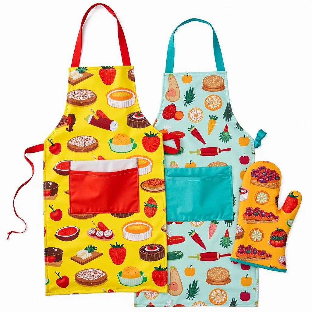 Colorful and patterned aprons and oven mitts with food designs.