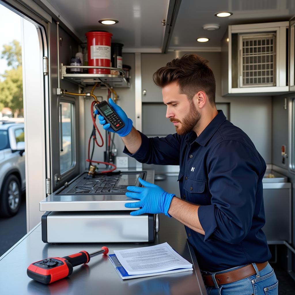 Technician Performing Maintenance on a Food Truck AC Unit