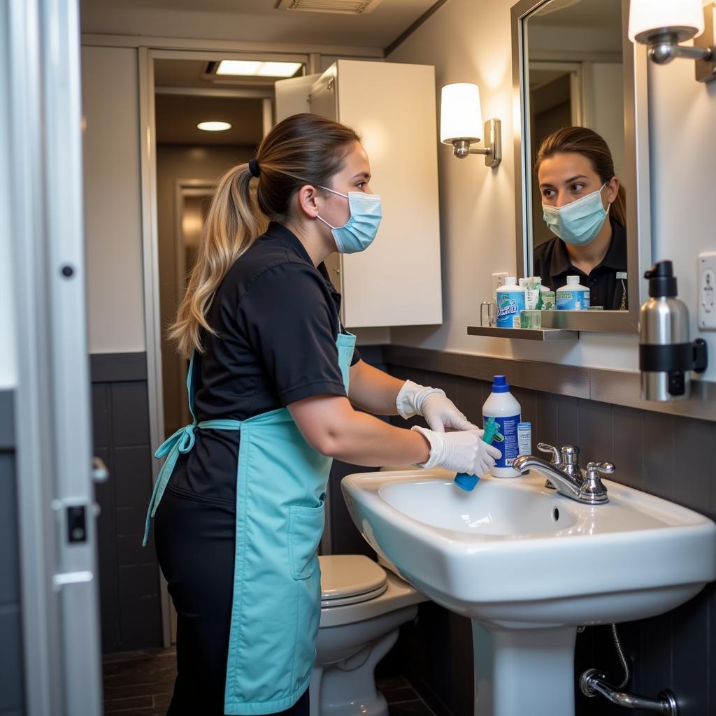 Food Truck Bathroom Maintenance: A staff member cleaning the bathroom sink in a food truck, highlighting the importance of hygiene.