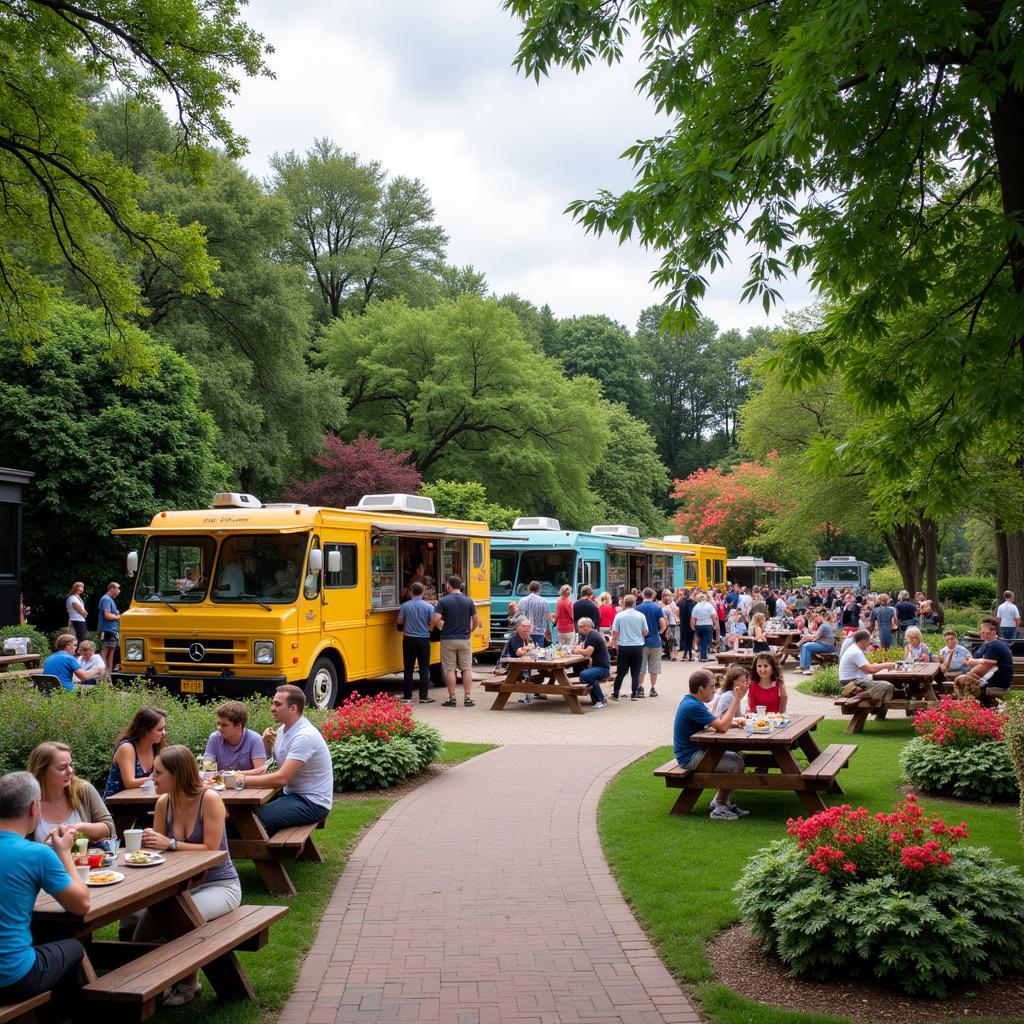 A vibrant food truck scene at a botanical garden, with people enjoying diverse cuisines amidst colorful flowers and lush greenery.