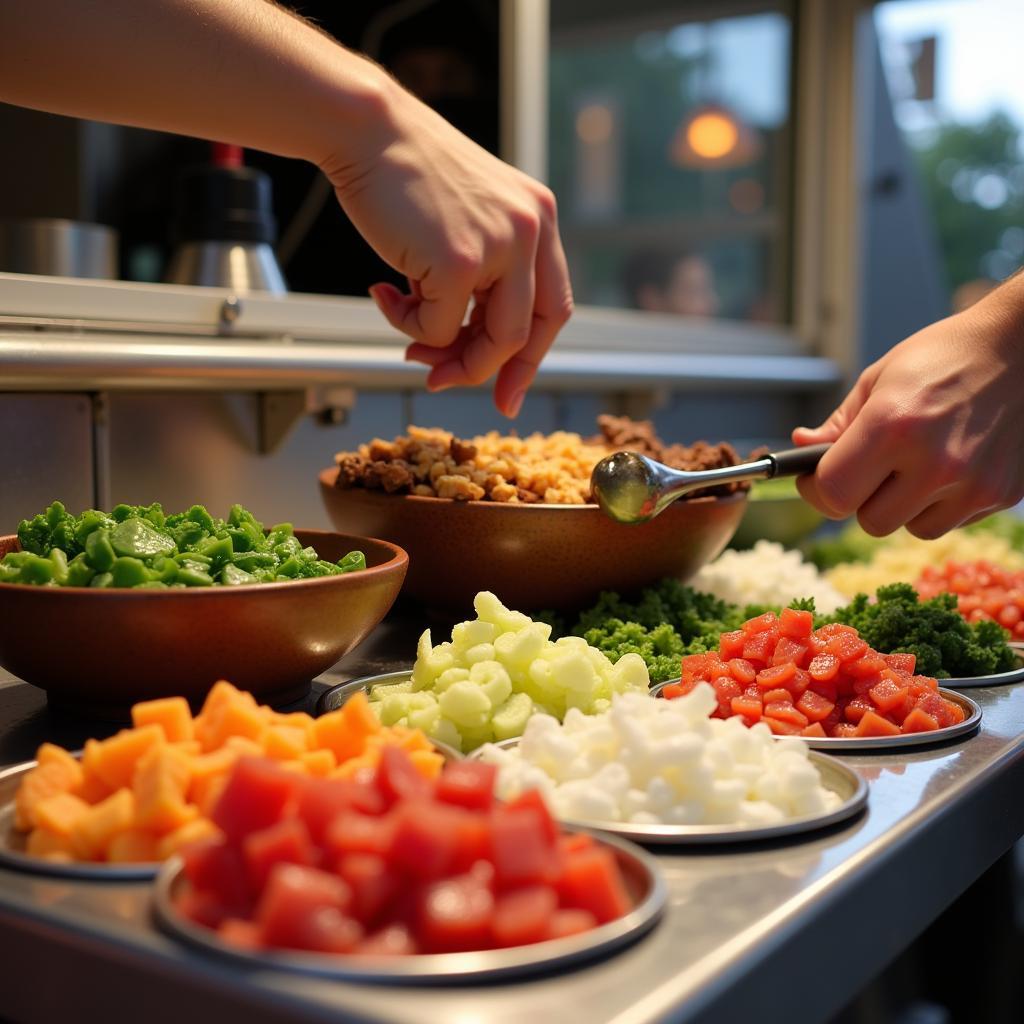 Close-up of hands customizing a comfort bowl at a food truck, choosing from a variety of toppings and sauces.