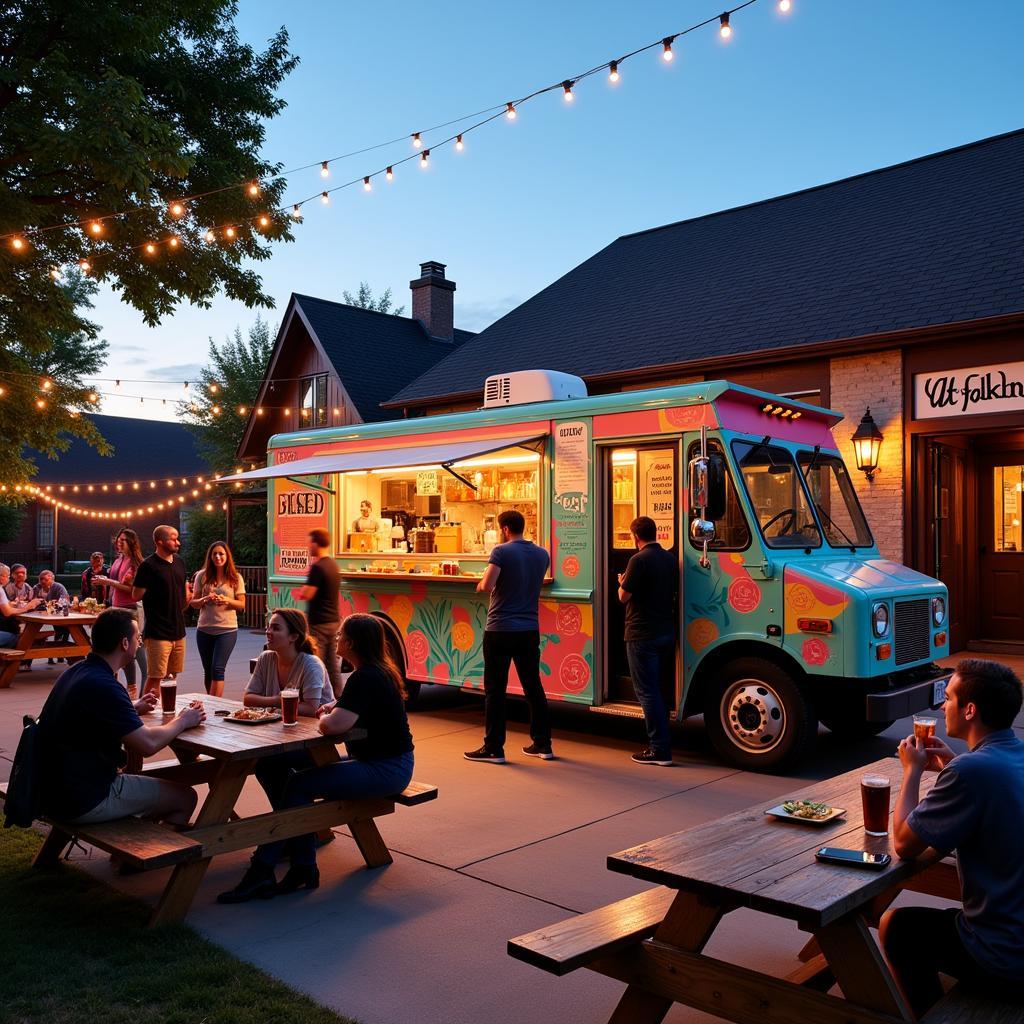 Food Truck Serving Customers on a Brewery Patio