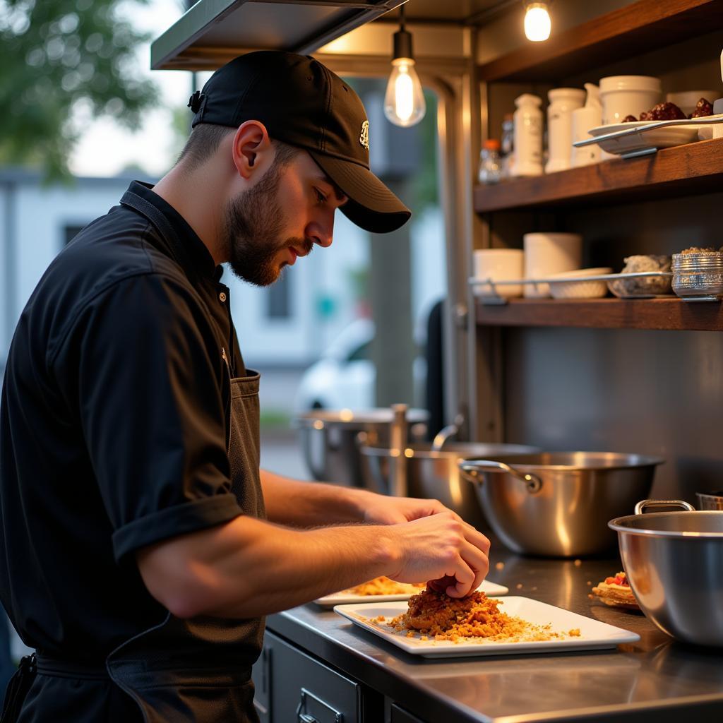 Food truck chef preparing a meal