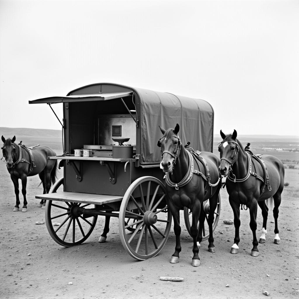 A historic chuck wagon serving cowboys on the American frontier