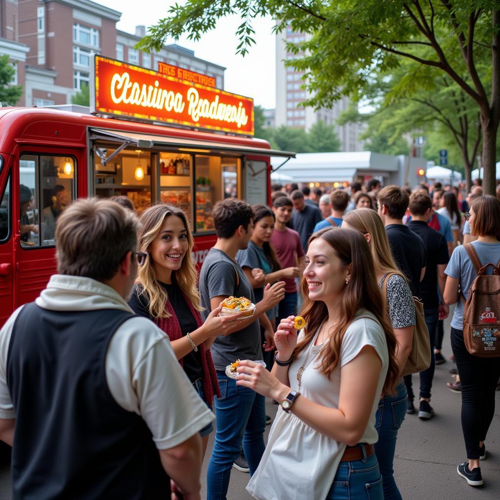 Food Truck Community Gathering with People Enjoying Meals and Socializing