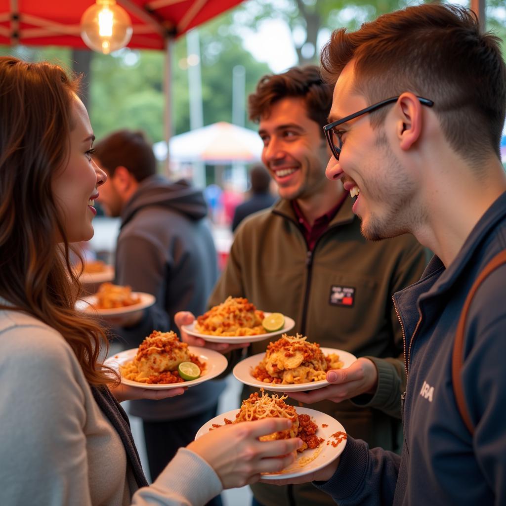 Food Truck Customers Enjoying Saucy Meals