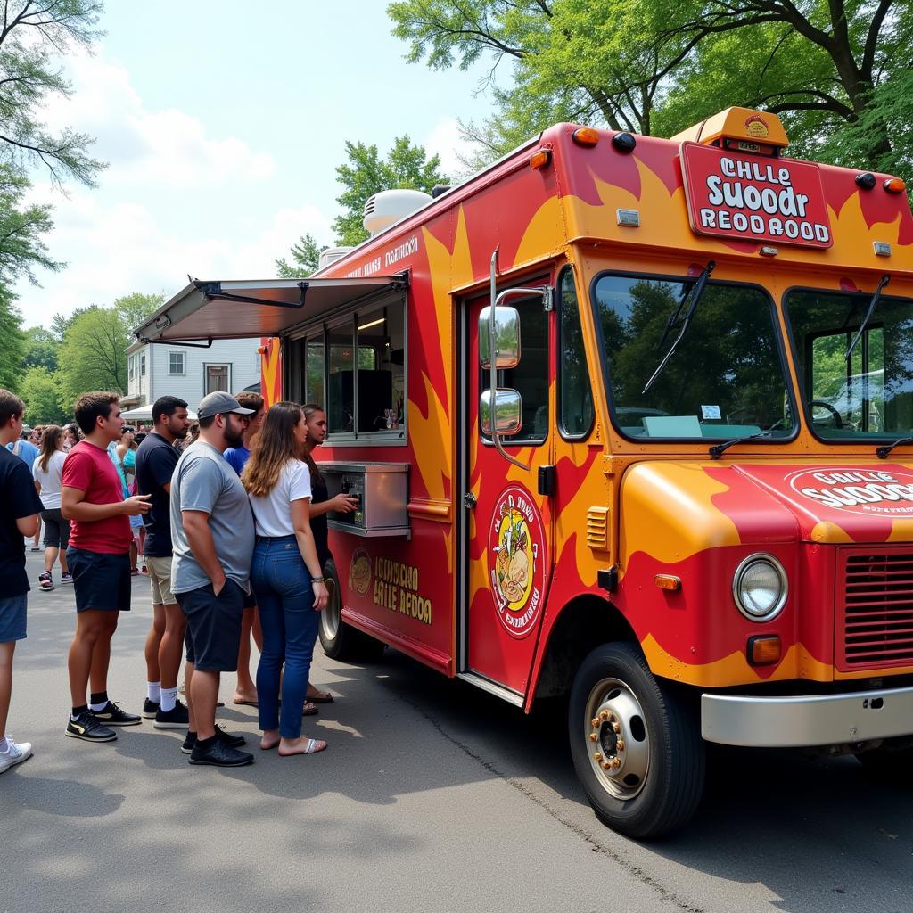 A vibrant food truck serving customers on a busy street