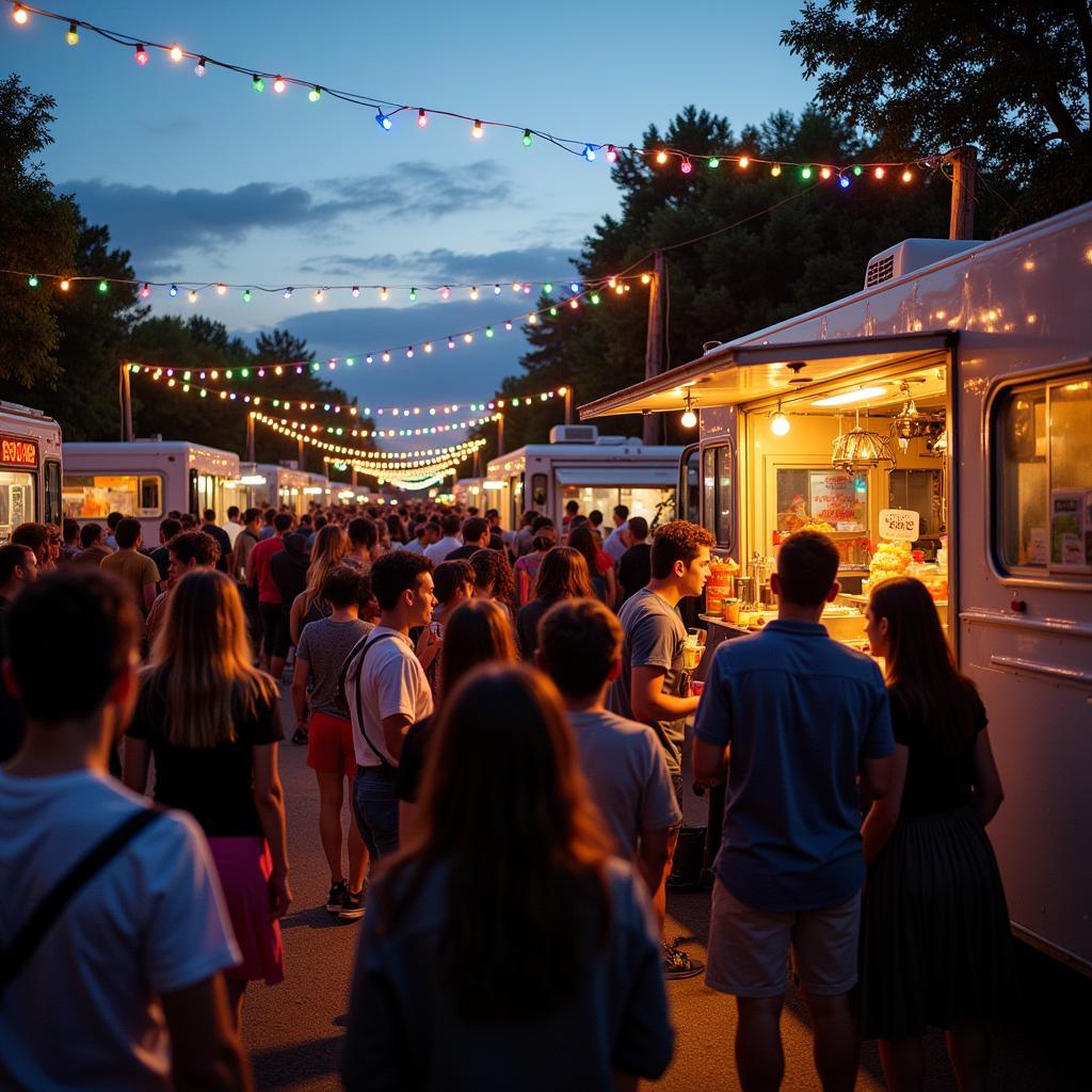 Bustling food truck festival atmosphere.