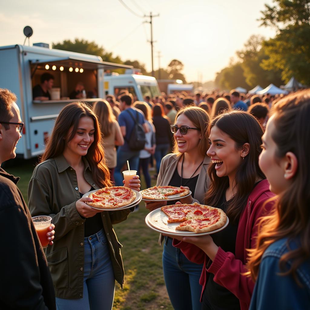 Crowd Enjoying Pizza at a Food Truck Festival