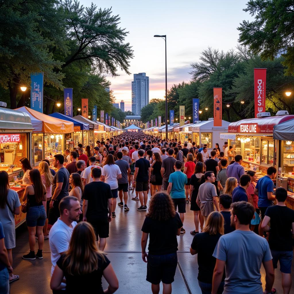 Large crowds enjoying the food truck festival at Texas Live