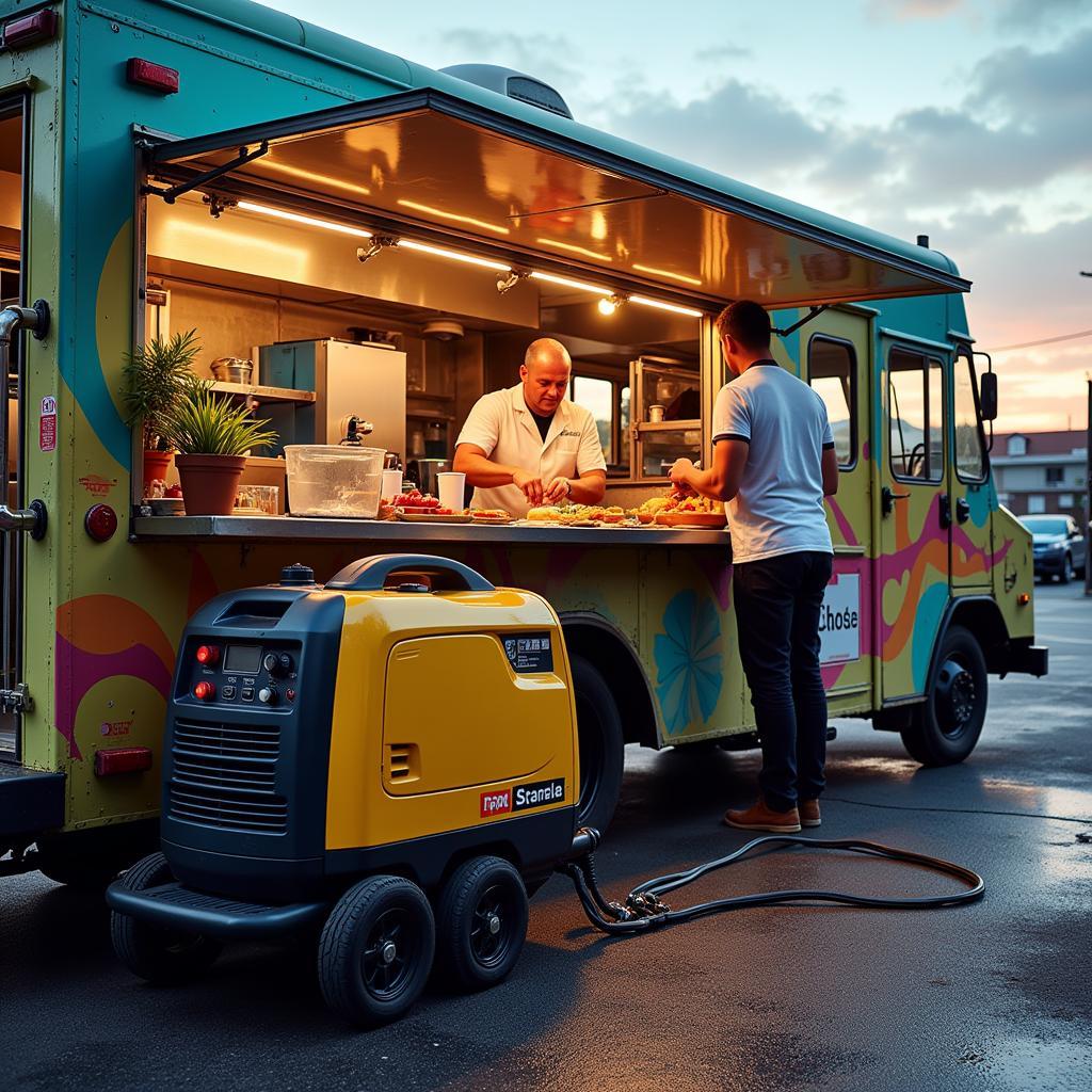 Food truck generator powering essential kitchen equipment like refrigerators, fryers, and griddles.