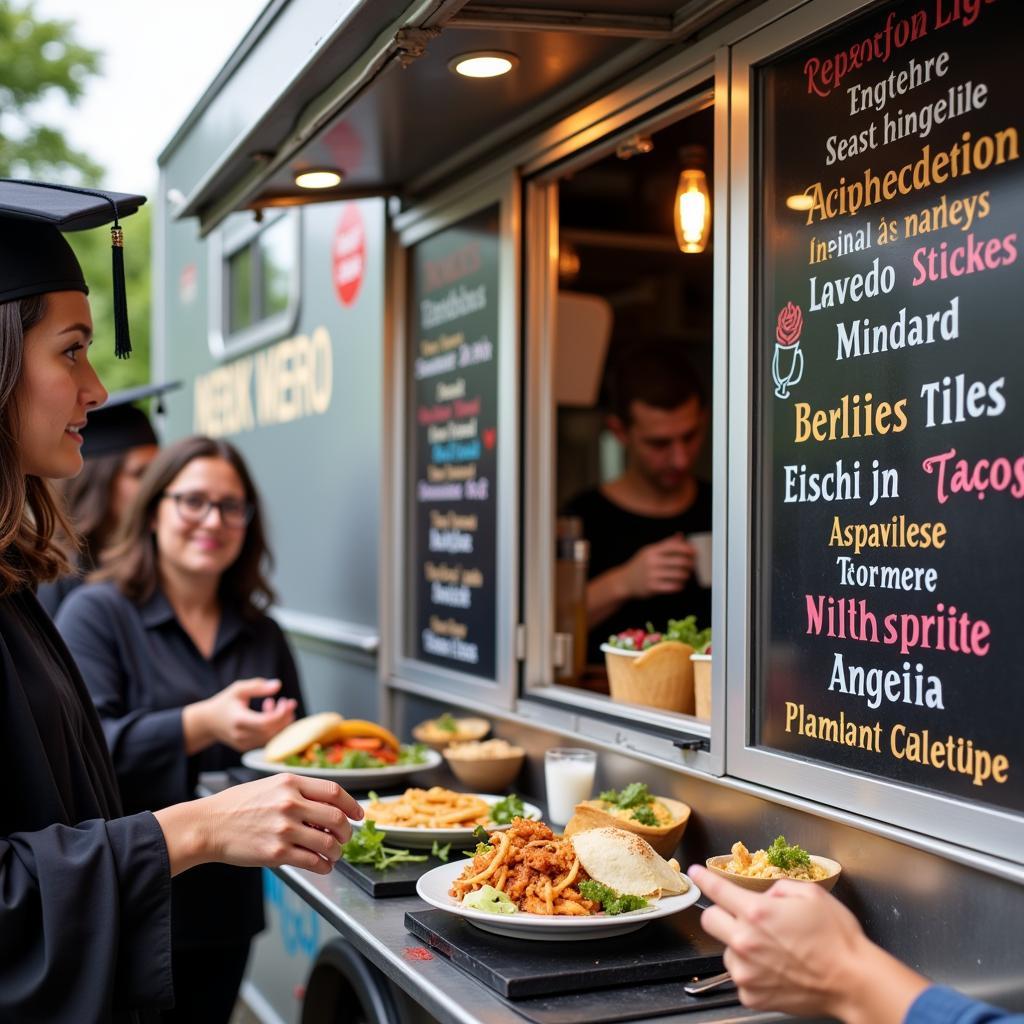 Food truck catering a graduation party with diverse menu options.