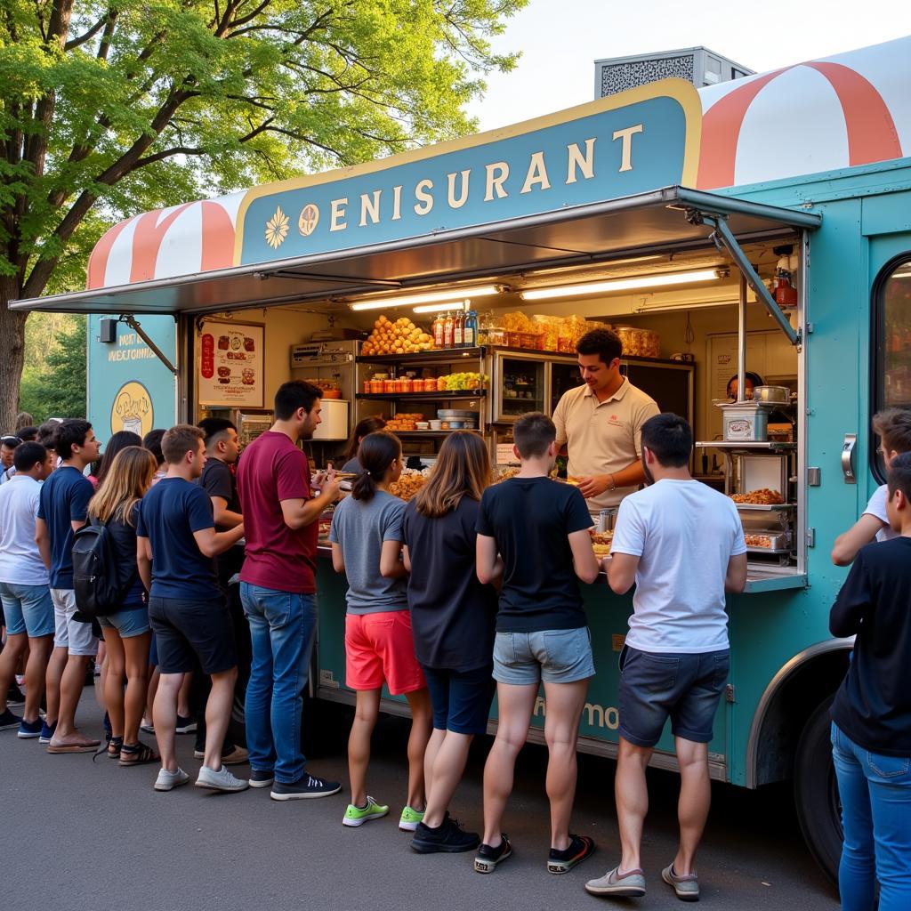 Food Truck Grand Opening with Customers Lining Up