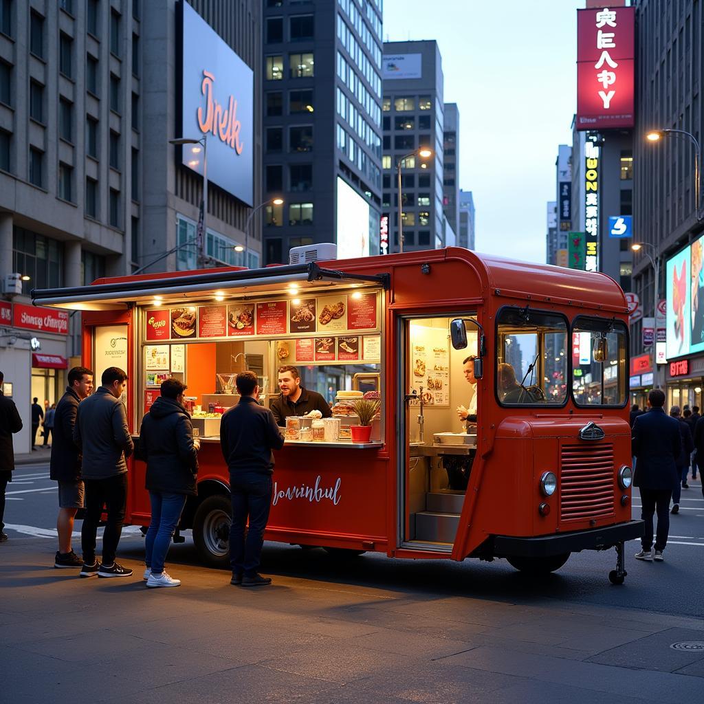 Food Truck Kiosk Operating on a Busy Street