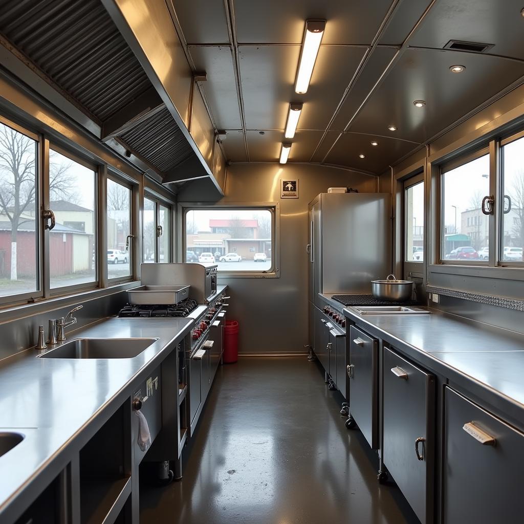 Interior view of a used food truck kitchen in Oregon