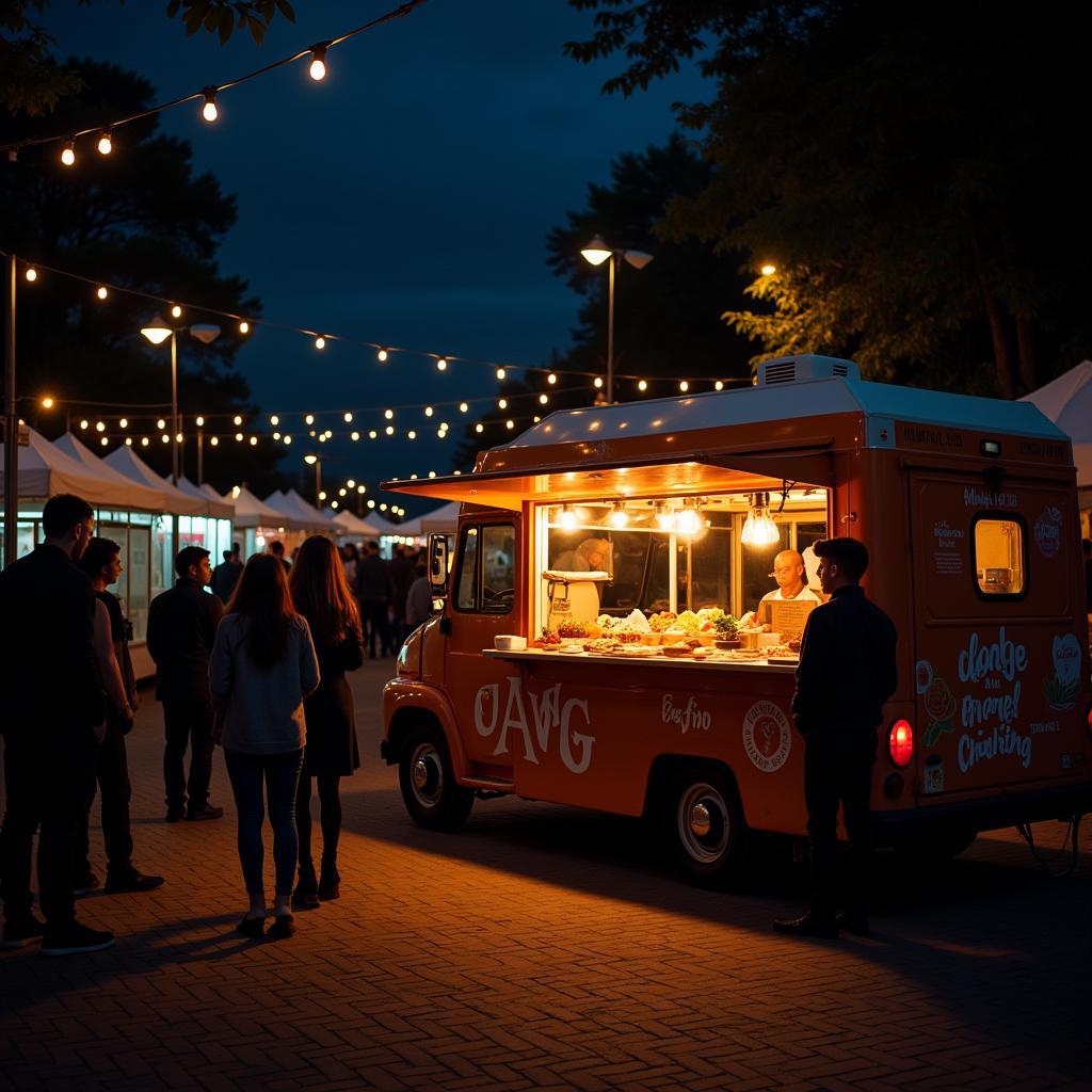 Food truck lighting creates a vibrant atmosphere at a night market