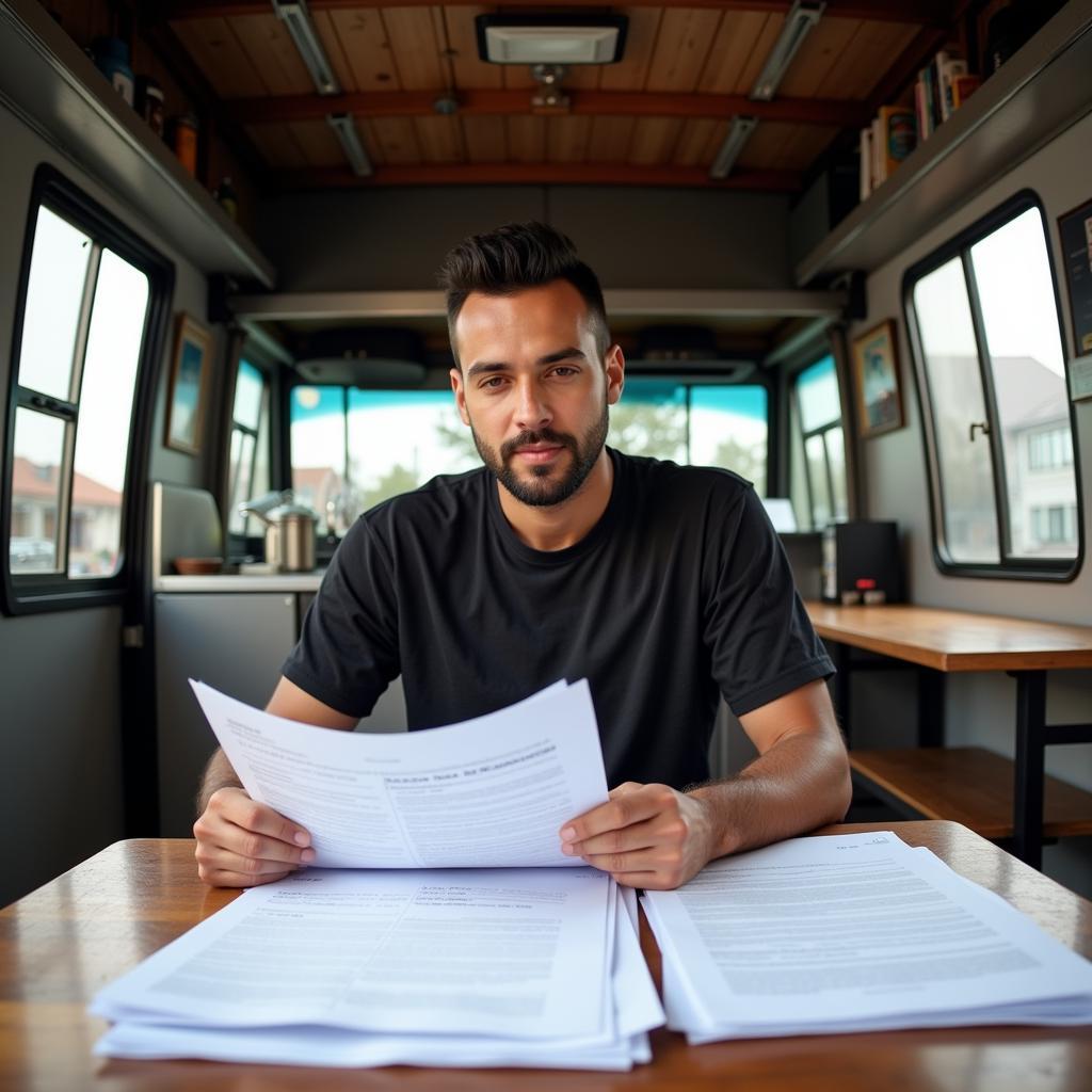 A food truck owner reviewing permits and licenses.